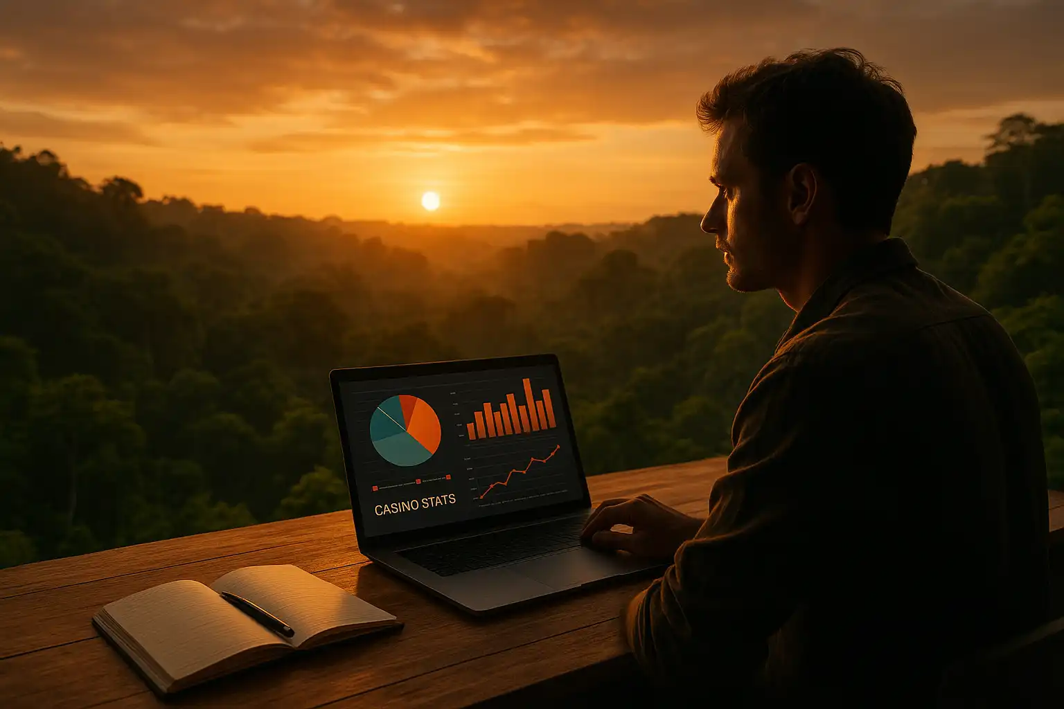Reviewer at a wooden desk overlooking the rainforest canopy with a laptop showing casino stats