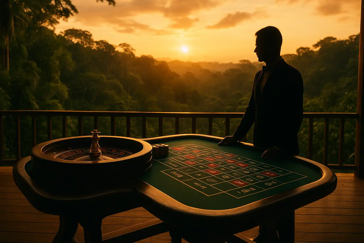 Live roulette table set on a wooden platform overlooking the canopy at golden hour