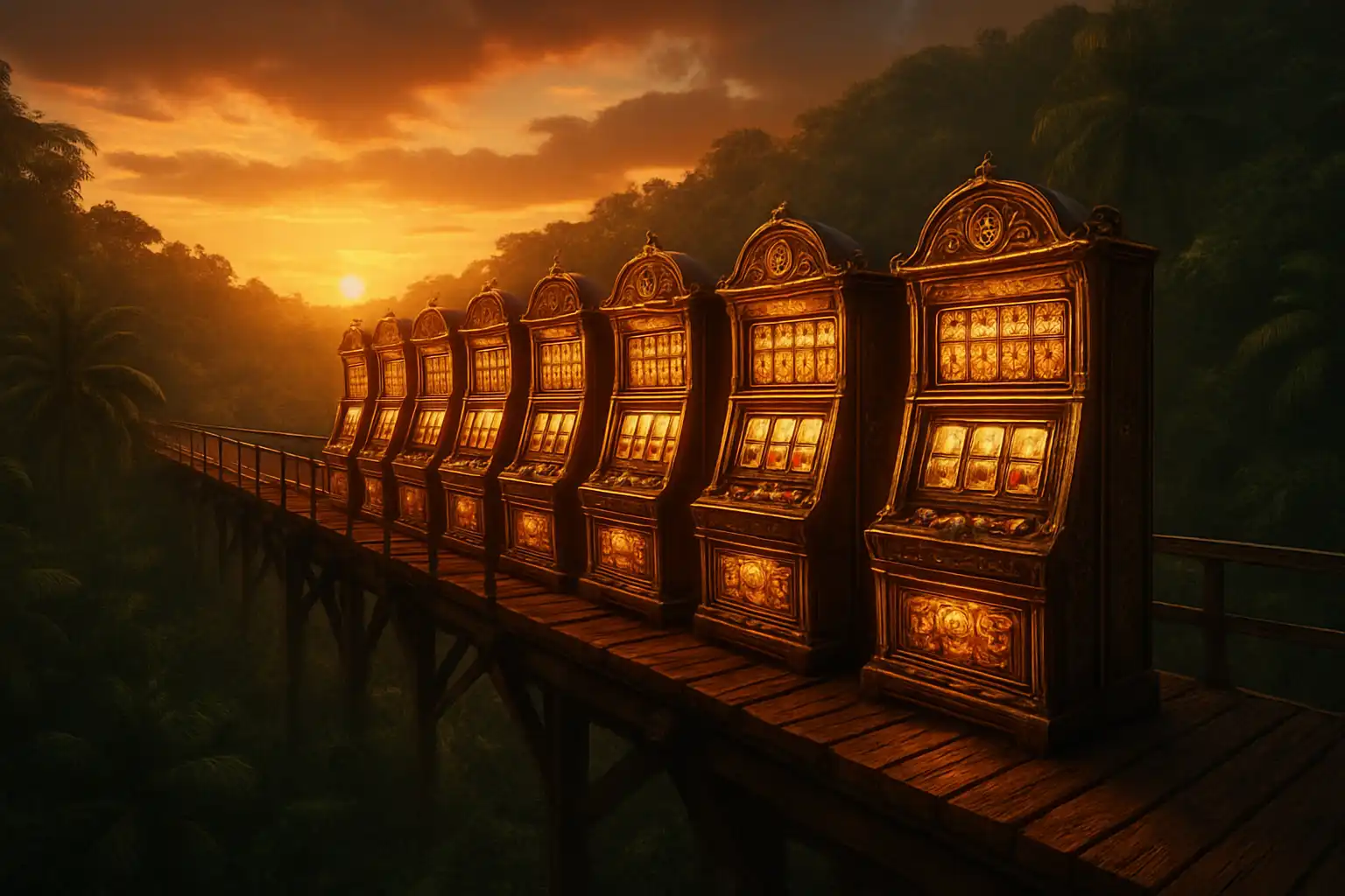 Row of illuminated slot machines on a wooden sky bridge above the rainforest canopy